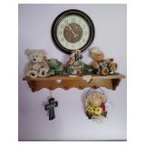 Wood shelf, clock, and decor
