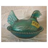 Vtg. Indiana Glass Teal Carnival Glass Hen On Nest