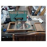 Assorted pictures in frames, serving tray
