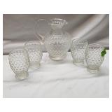 5 - pc Glass Hobnail Pitcher and Cups