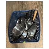 Plastic Basket w/ Assorted Pots & Pans