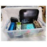 64L Lidded Tote w/Household Items & New Green Pan