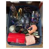 Assorted Cups and Kitchen Supplies in Plastic Tote