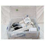 Lidded Tote w/Chargers, Power Strip & Misc