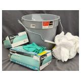 Bucket, 12pr L Cloth Gloves, 2Boxes Sm Exam Gloves