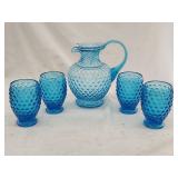 Tiara Blue Hobnail Pitcher (4)Cups