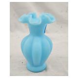 Marked Fenton Blue Satin Ruffle Rim Vase