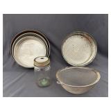 Assorted Cake Pans, Strainer, Mason Jar