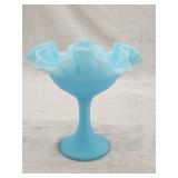 Marked Fenton Blue Satin Ruffled Compote