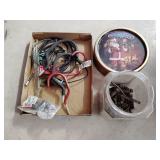 Flat of assorted hardware, tin with hardware