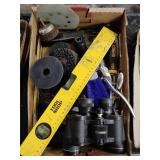 16' level, binoculars, wire, tolls, misc