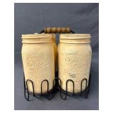 4 Painted Quart Mason Jars in Metal Carrier