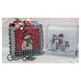 Pair of Christmas Themed Lightup Glass Blocks