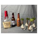 4 Glasses, Whiskey Bottle, 2 Beer Bottles