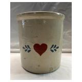 Stoneware Pottery Crock w/ Red Heart & Blue Leaves