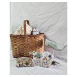 Vintage Basket w/Fabric, Crafts & Metal Whale