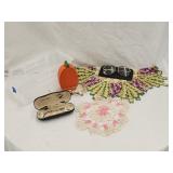 Vintage Glasses, Doilies, Plastic Bin, Pumpkin