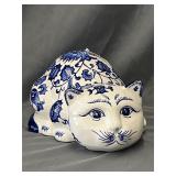 Blue White Ceramic Chinoiserie Cat Figurine