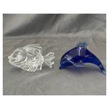 Clear Crystal Fish & Blue Glass Dolphin Figurines