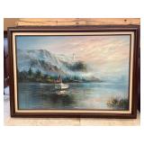 Canvas Lake Scene w/Sailboat Painting by W. Riley