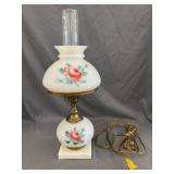 Milk Glass Electric Hurricane Lamp w/ Rose Design