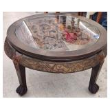 Round Chinese Carved Wood/Glass Coffee Table