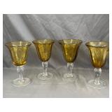 4 Amber Glass Paneled Goblets- 7.5' Tall