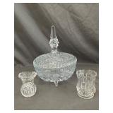 Glass Lidded Candy Dish & 2 Toothpick Holders