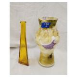 Art Glass Vase & Amber Glass Bud Vase