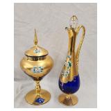 (2)pc Vintage Italian Gold Decanter & Lidded Jar