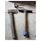 Brass horseshoe gauge, hatchet, brick hammer