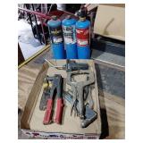 Hand held propane torch and tanks, partially full,