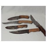 5 Fixed blade hand forged knives, 4.5' to 7' blade