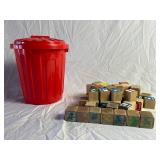 Small Plastic Trash Can with Wooden Toy Blocks
