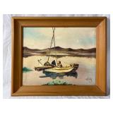 J. Vera Framed Boat Scene Painting