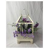 White Metal Cage Planter with Artificial Flowers
