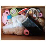 Large Box of Tins, Crochet Supplies, Plastic Dolls