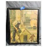 Vintage Framed Print 'Building the Doghouse'