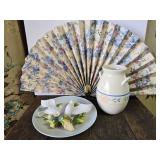 3D Porcelain Dove Plate, Fabric Fan Decor