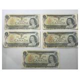 Lot, (5) 1973 Canadian Uncirculated $1 Bills -