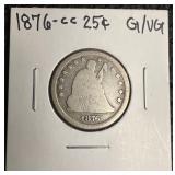 Very Rare 1876-cc Twenty Five Cent with VG