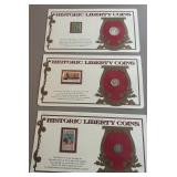 Lot, (3) Historical Liberty Coins W/Stamps