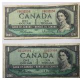Lot (2) 1954 Canadian $1 Bills - Rare Numbers Mint