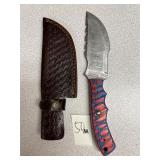 Damascus Fixed Blade Hunting Knife w/ Leather She
