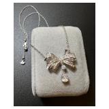 18K Diamond Ribbon Bow Necklace w/ Certificate
