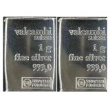 (2) X 1 GRAM VALCAMBI SUISSE .999 FINE SILVER BARS