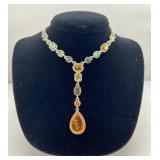 FI Signed Silver Tone Lariat Y Necklace Abalone St