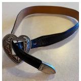 Womens Black Leather Belt w/Heart Buckle