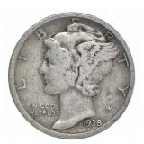 1928 Mercury 90% Silver Dime - VG+