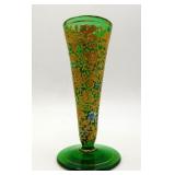 Antique Moser Gold Enameled Green Vase 4.5'